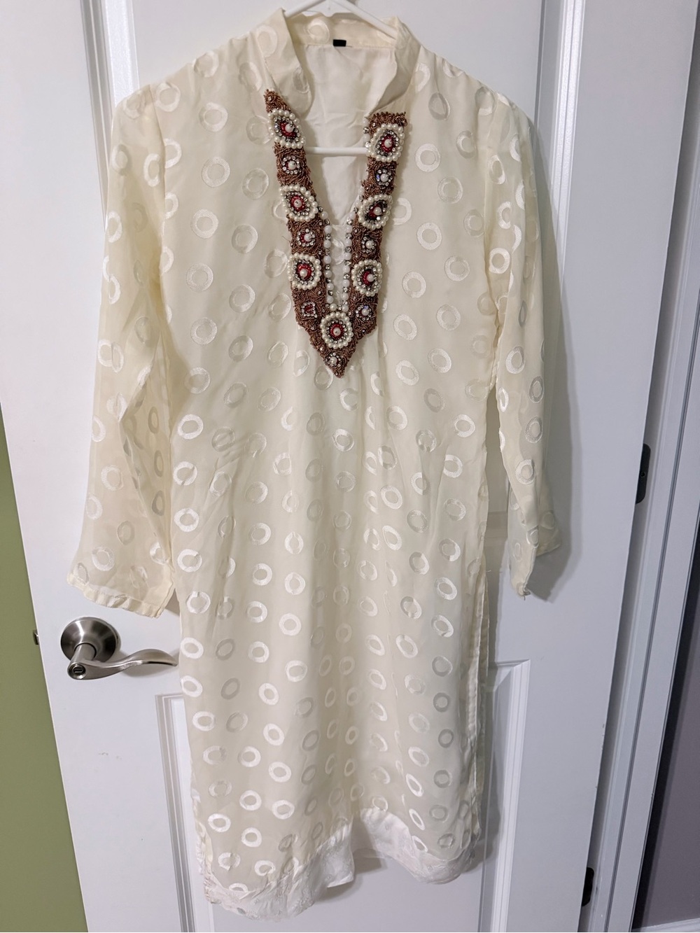 Embroidered Ivory Tunic shirt with Beaded V-Neck